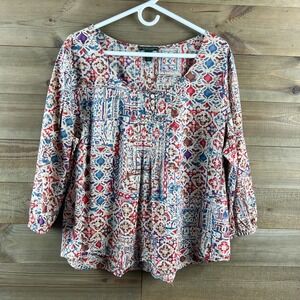 Lauren Ralph Lauren Womens Shirt 3/4 Sleeve Pintuck Boho Prairie Southwestern XL